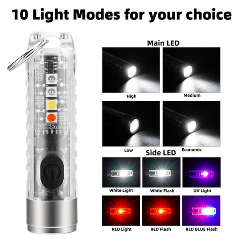 400 Lumens Type-C Rechargeable Transparent Keychain Flashlight with Ultraviolet Red and Blue Flash